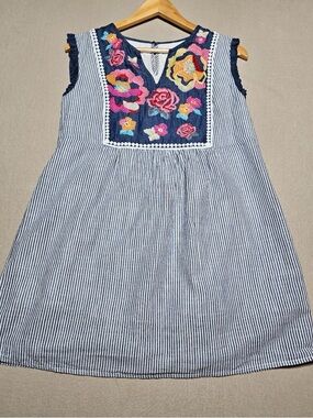 Savanna Jane Navy & White Striped Dress with Multicolor Floral Embroidery